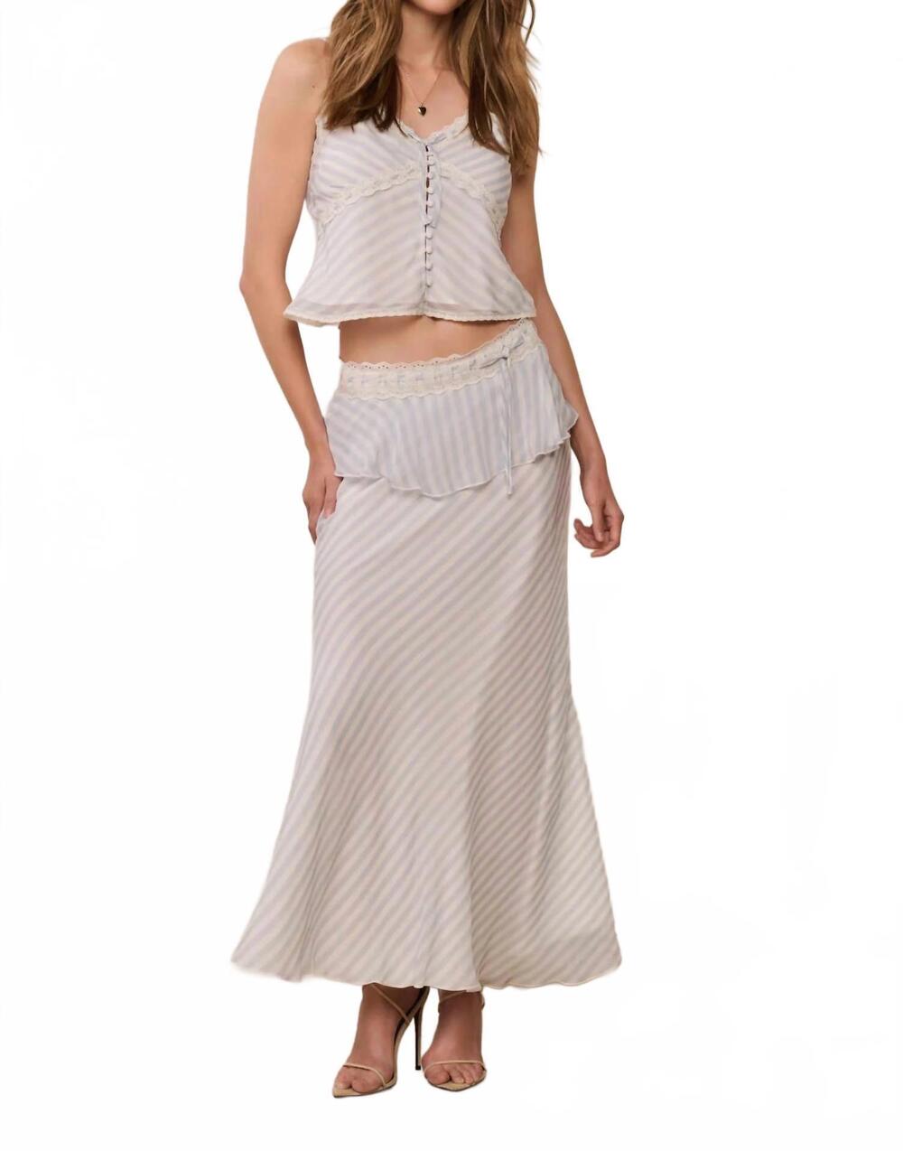 NEW LOVESHACKFANCY sylette chiffon striped maxi skirt in lariat blue